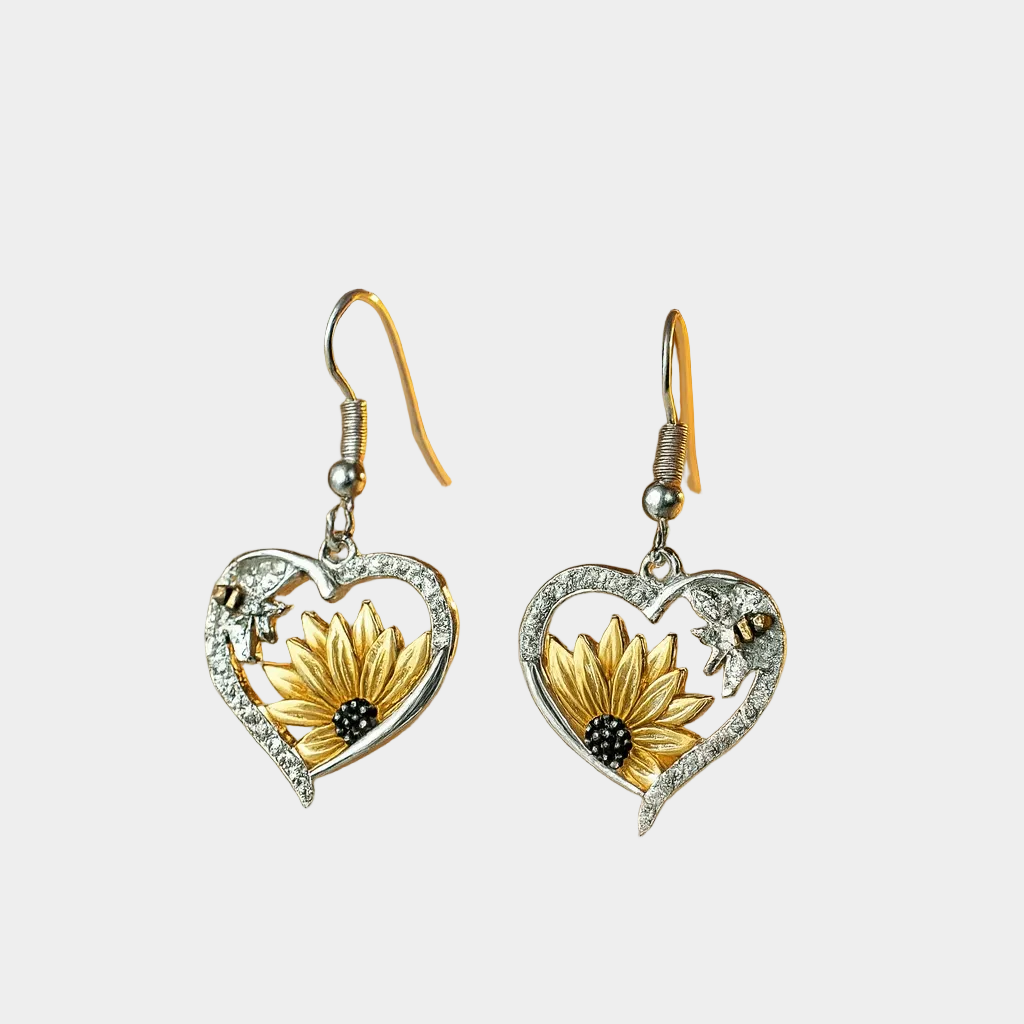 Szív alakú fülbevalók napraforgókkal és méhecskékkel – Vintage Boho